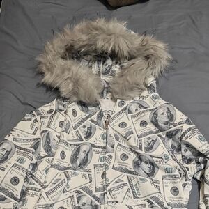 Faux Fur Hooded Money Print Jacket